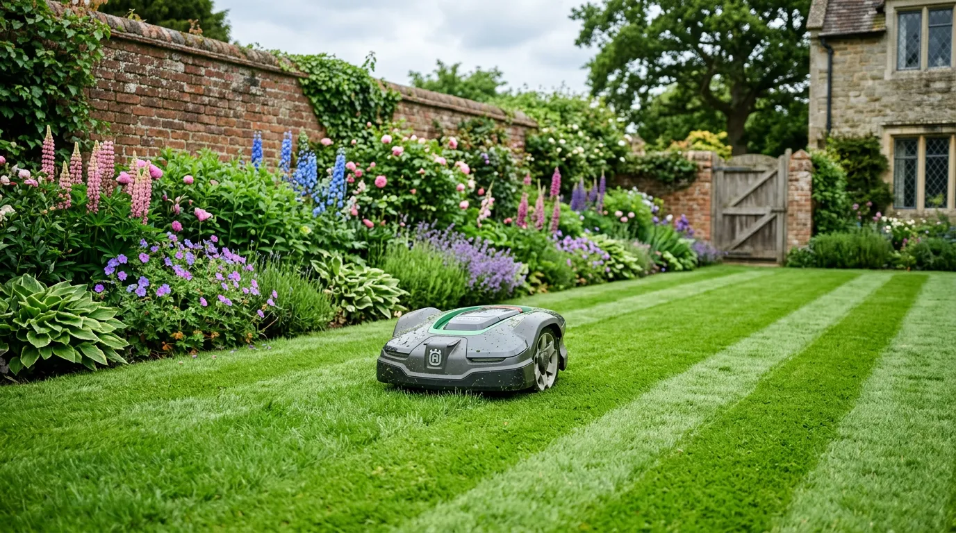 Wire-free robot mower cutting a lush green British lawn in a typical UK suburban garden