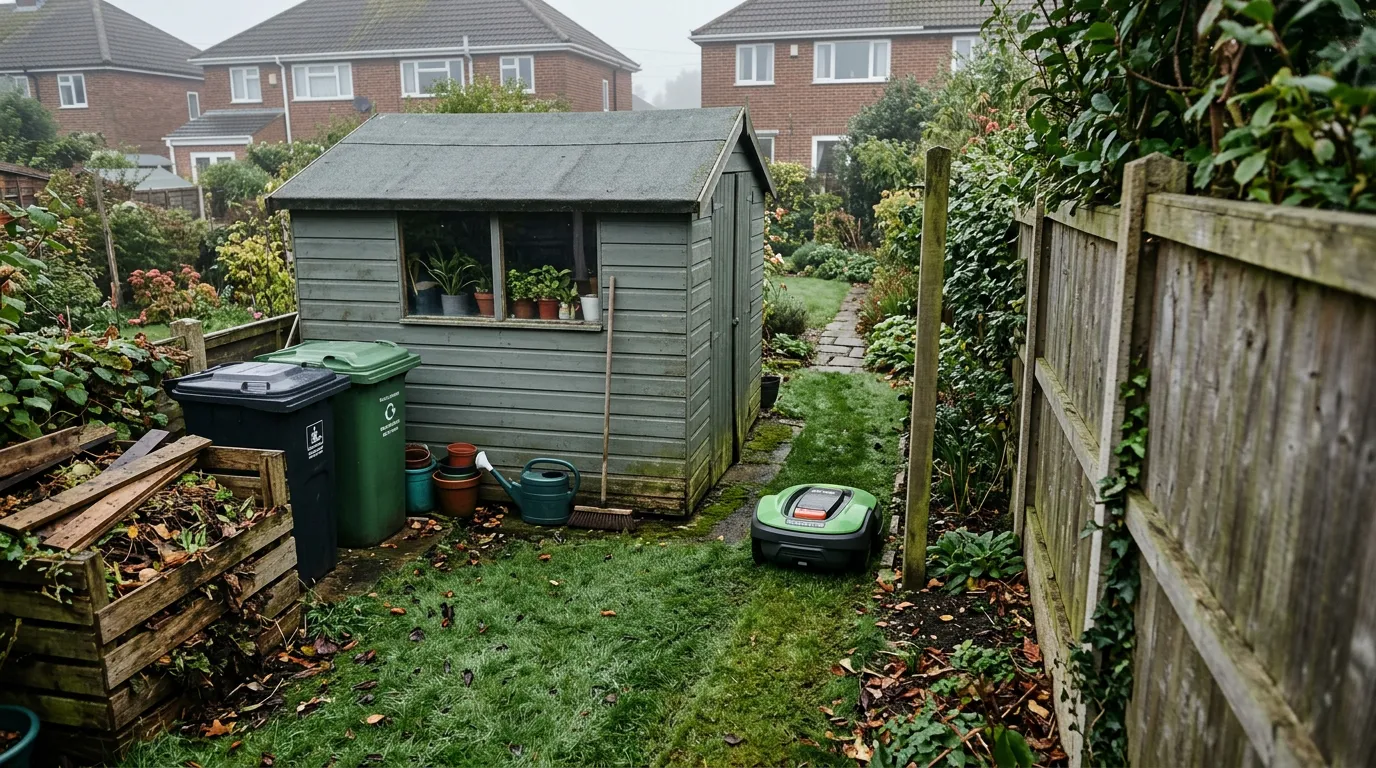 Robot mower navigating a narrow passage between a garden shed and fence in a typical UK back garden