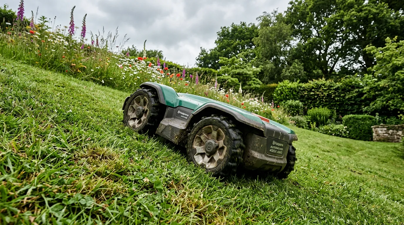 Robot mower climbing a grassy slope in a British garden with wildflower border at the top