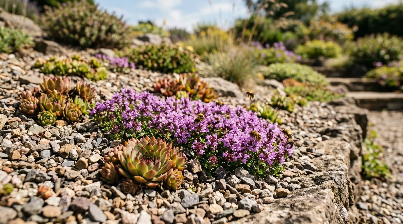 Alpine scree rock edging planted with creeping thyme and houseleeks in a UK garden