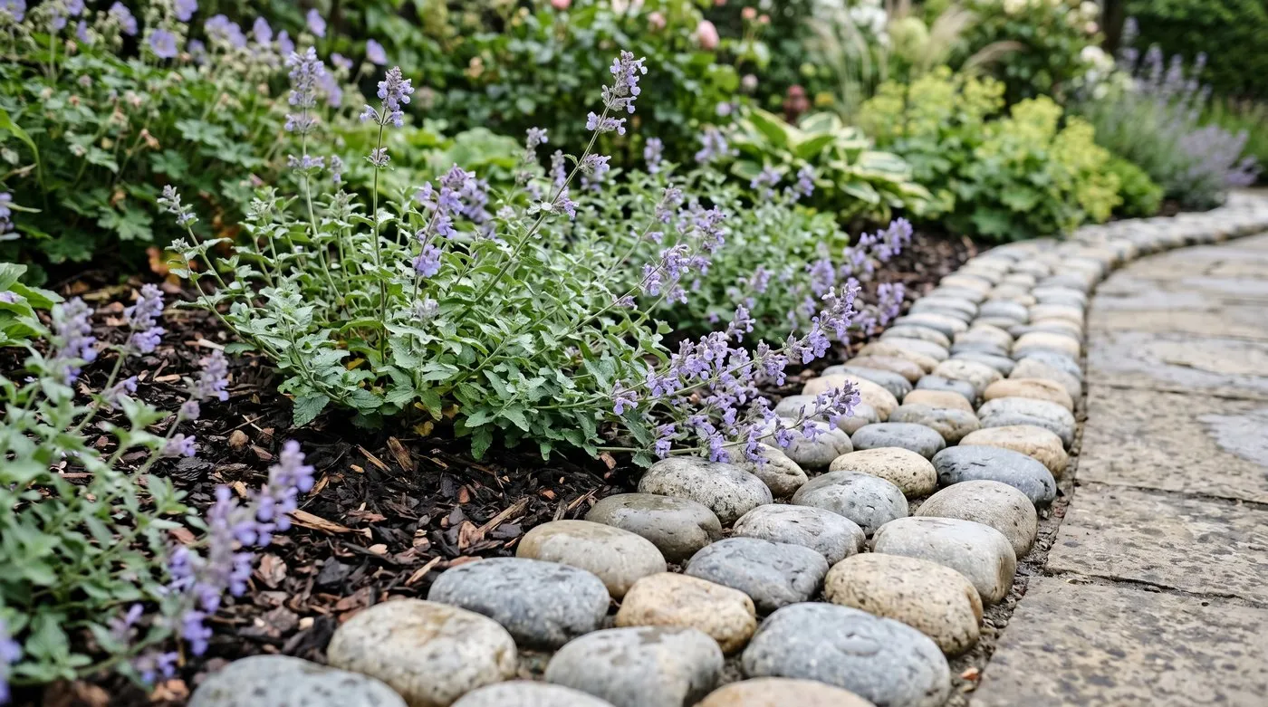 Rounded grey cobble rock edging along a planted cottage border in a UK garden