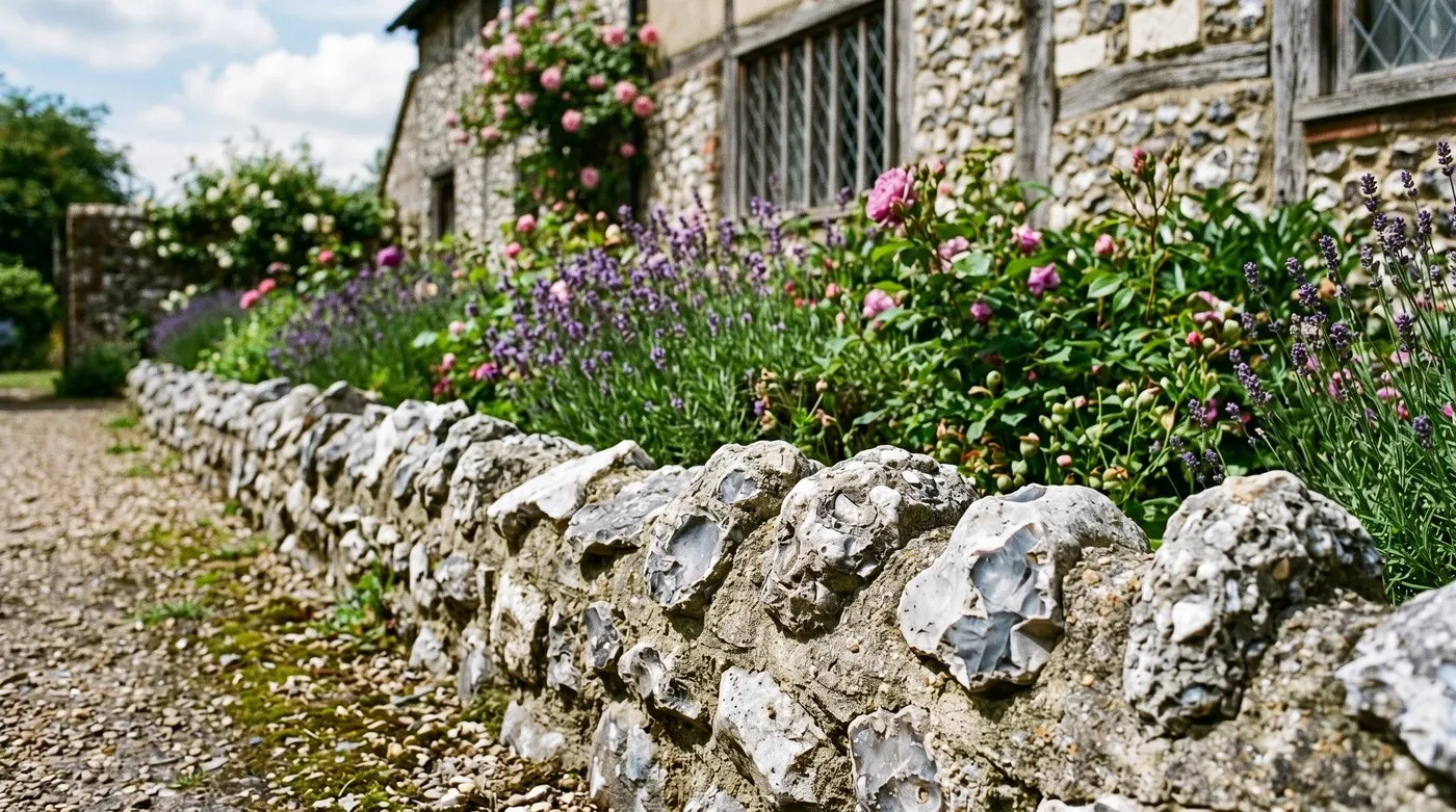Knapped flint nodules forming a traditional mortared garden border edge