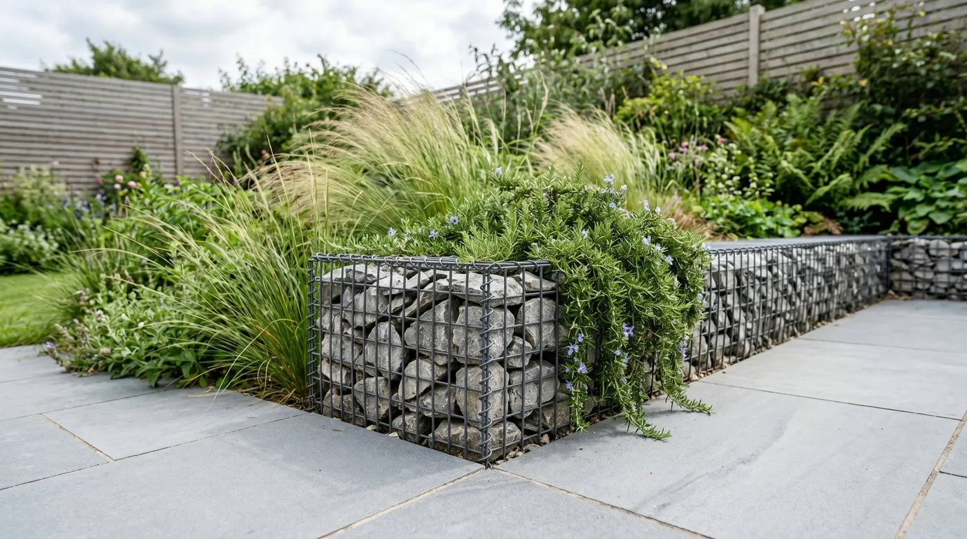 Modern gabion cage rock edging filled with angular stone alongside a planted border