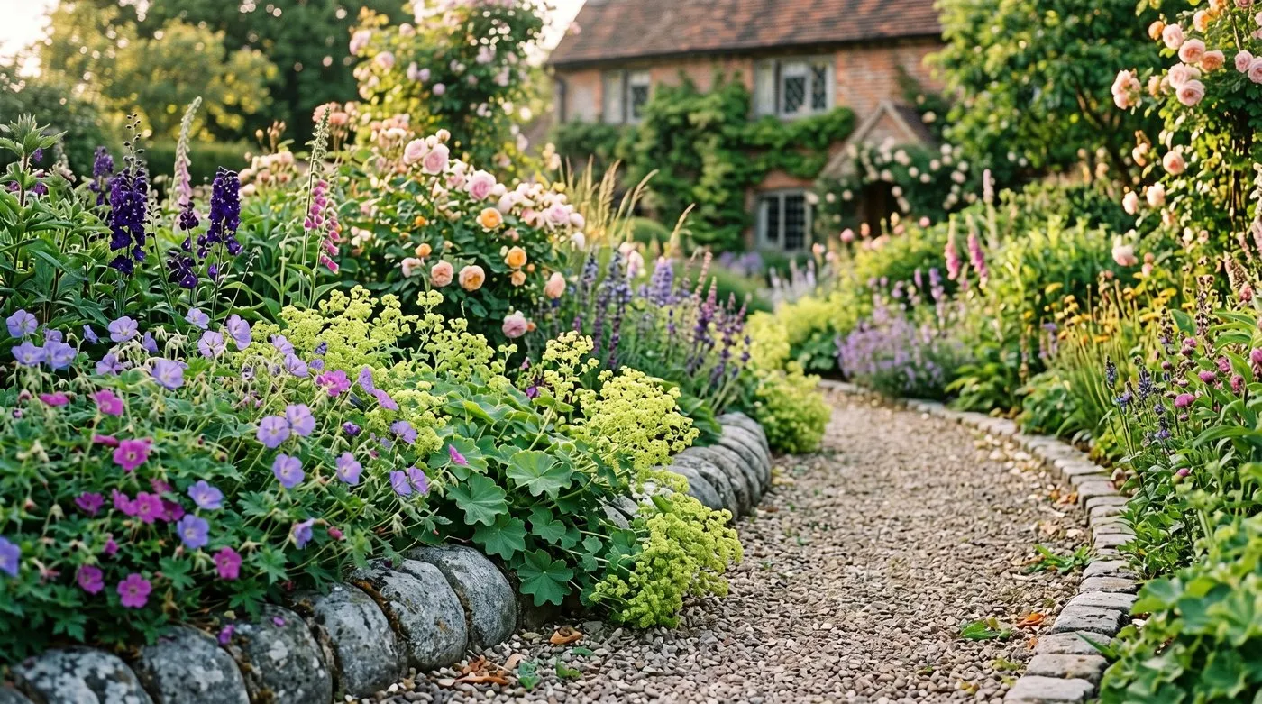 Rounded cobble rock edging along a planted border in a UK cottage garden