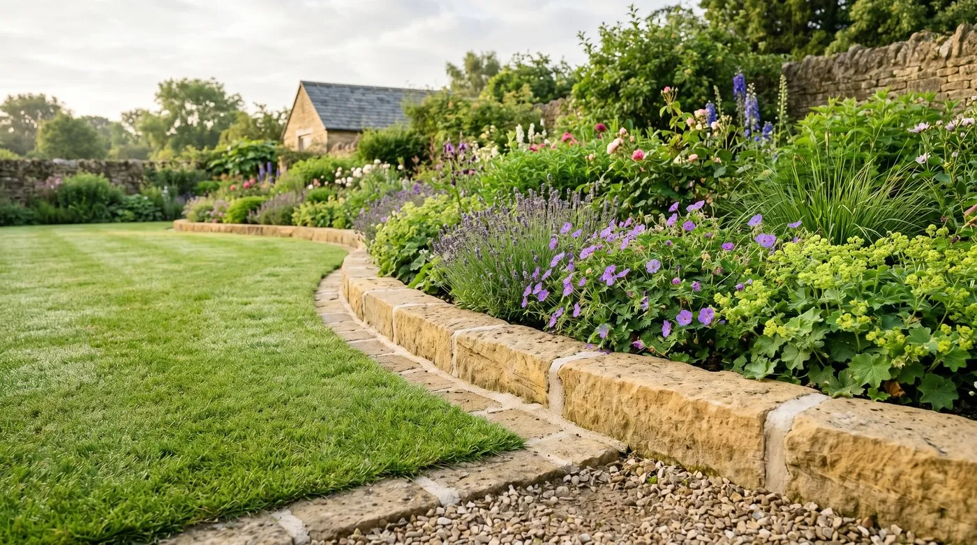 Mortar-bedded local sandstone kerb forming a low permanent garden border edge