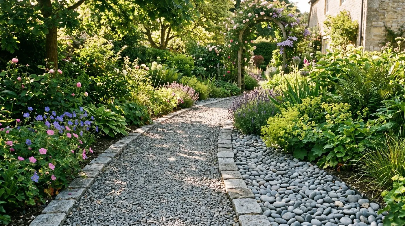 Flat paddlestones and pebbles edging a garden path level with the surface