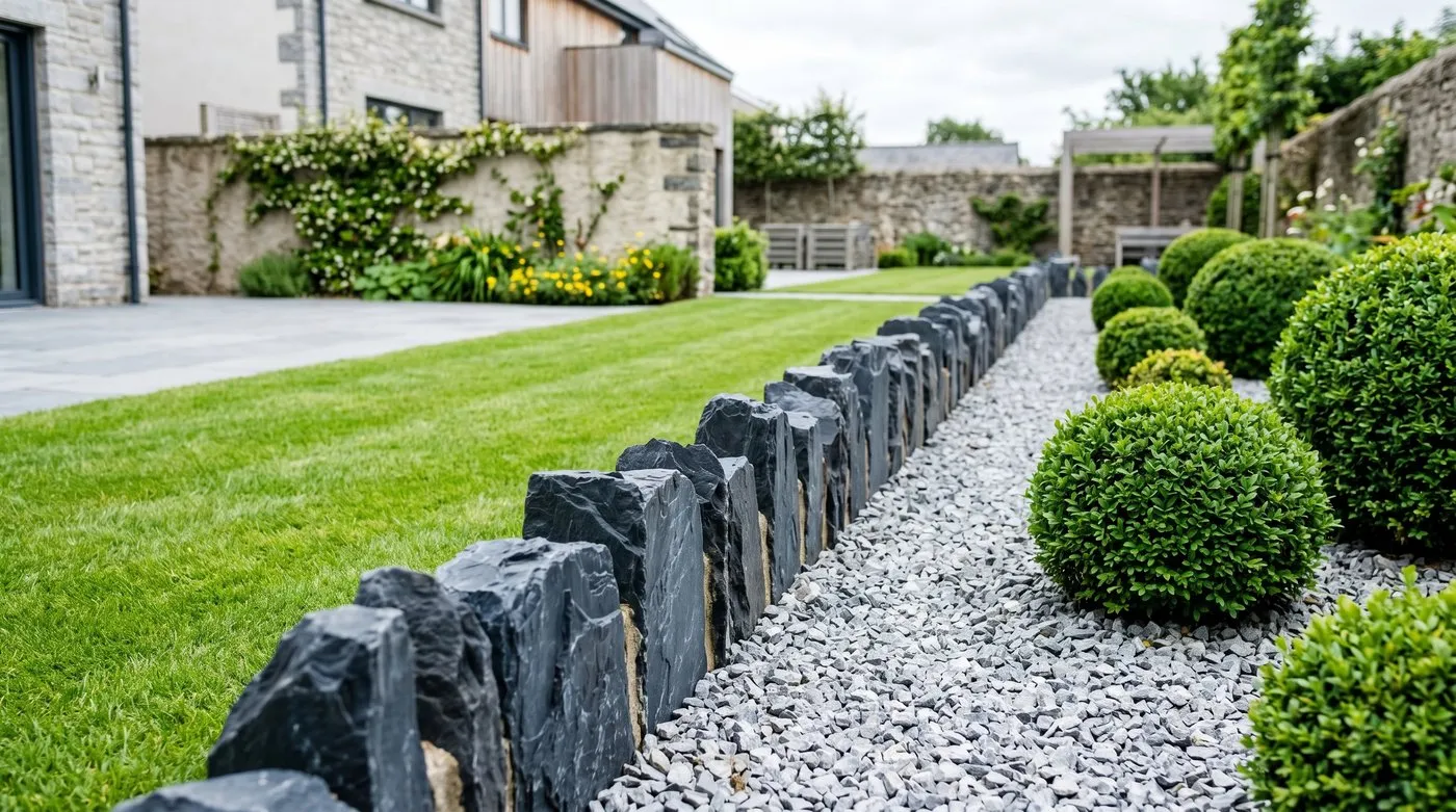 Upright blue-grey slate set on edge forming a crisp modern garden border line