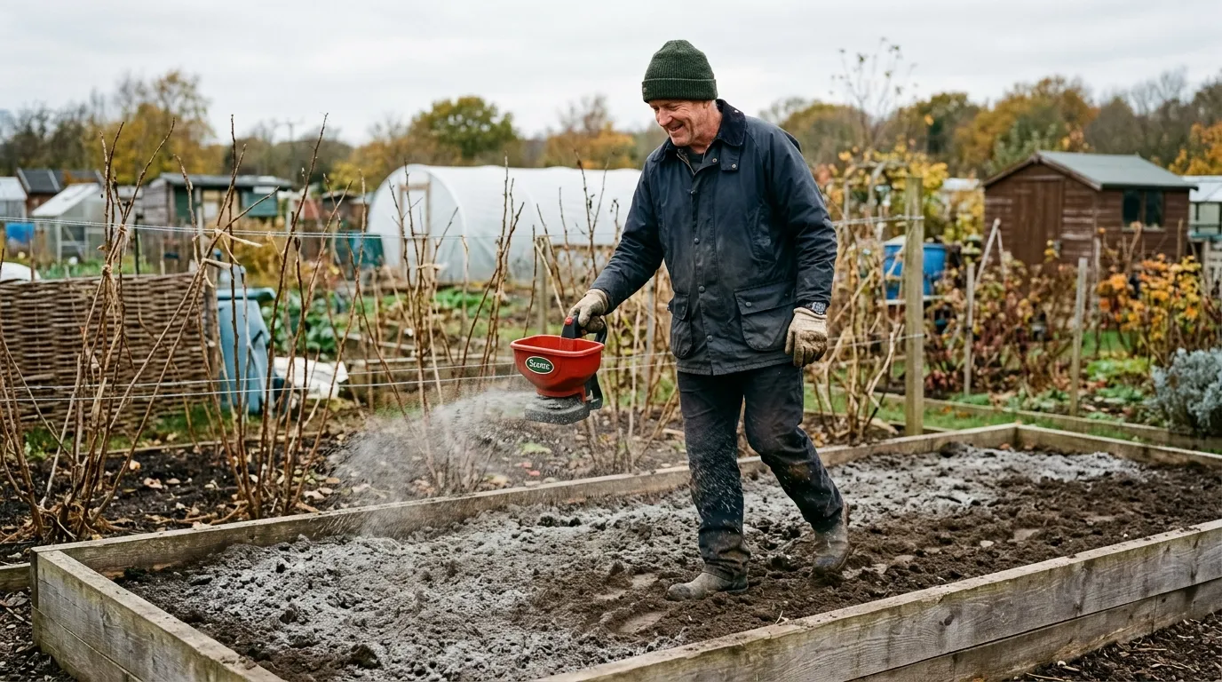 A UK gardener using a hand spreader to scatter rockdust evenly across a recently cleared raised vegetable bed in autumn