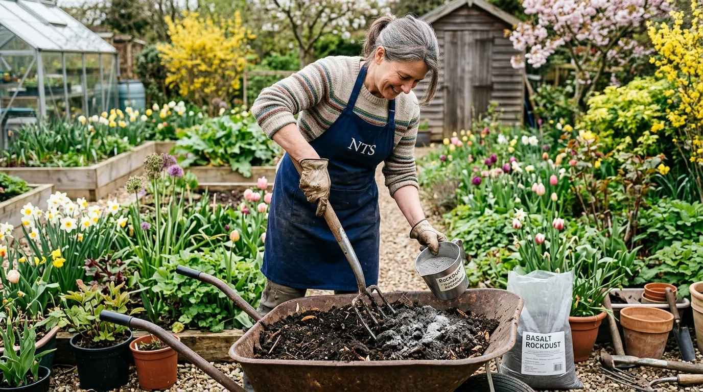 A UK gardener mixing a measured cup of rockdust into a wheelbarrow of homemade compost with a garden fork