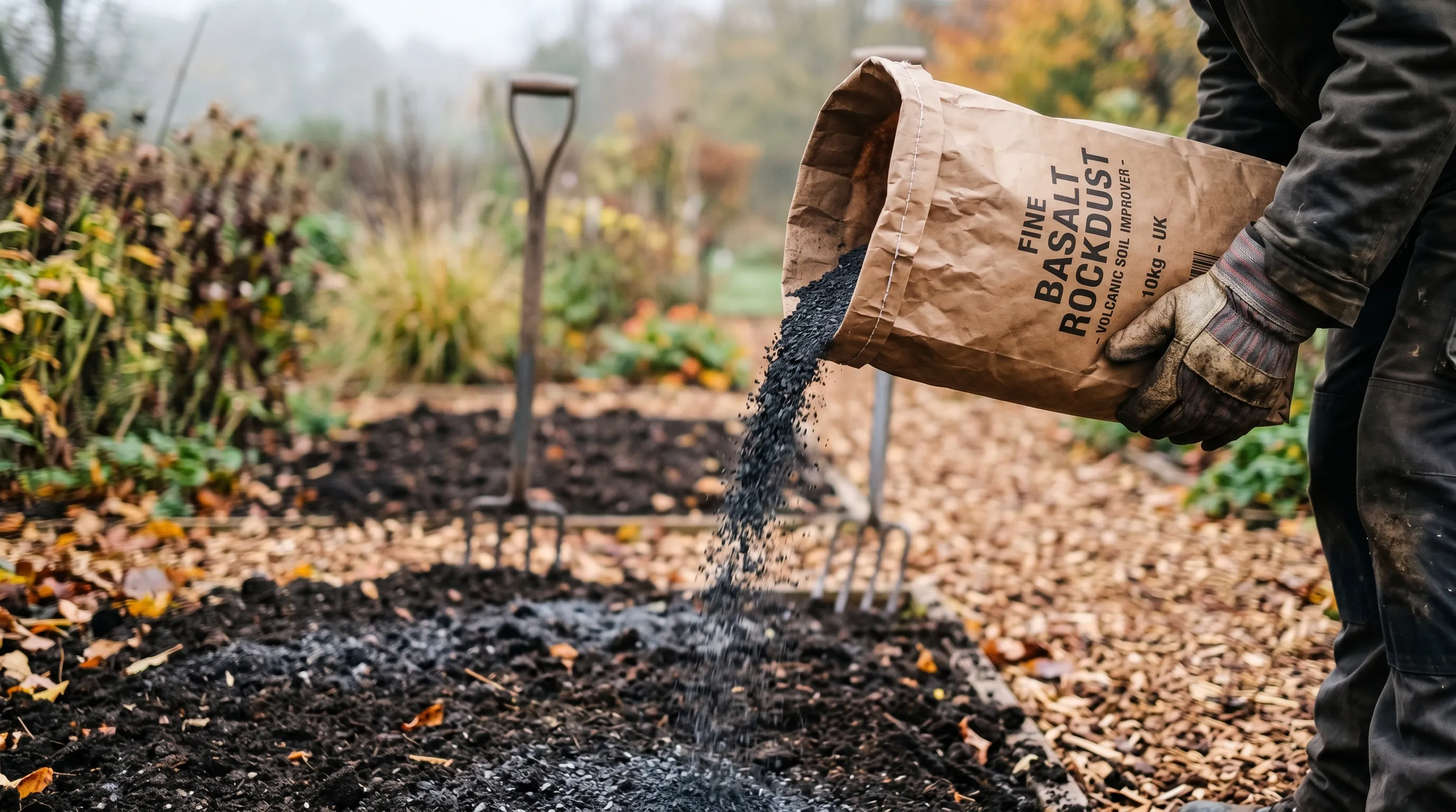 A UK gardener's gloved hand pouring fine grey-black basalt rockdust from a paper sack onto a freshly cleared no-dig bed in autumn
