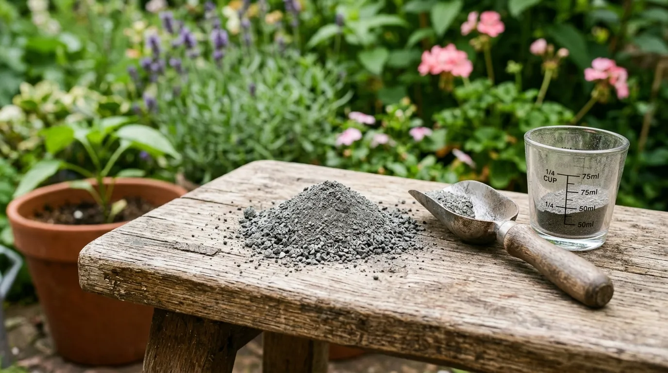 Macro view of micronised basalt rockdust on a wooden garden bench beside a metal scoop and a measuring cup