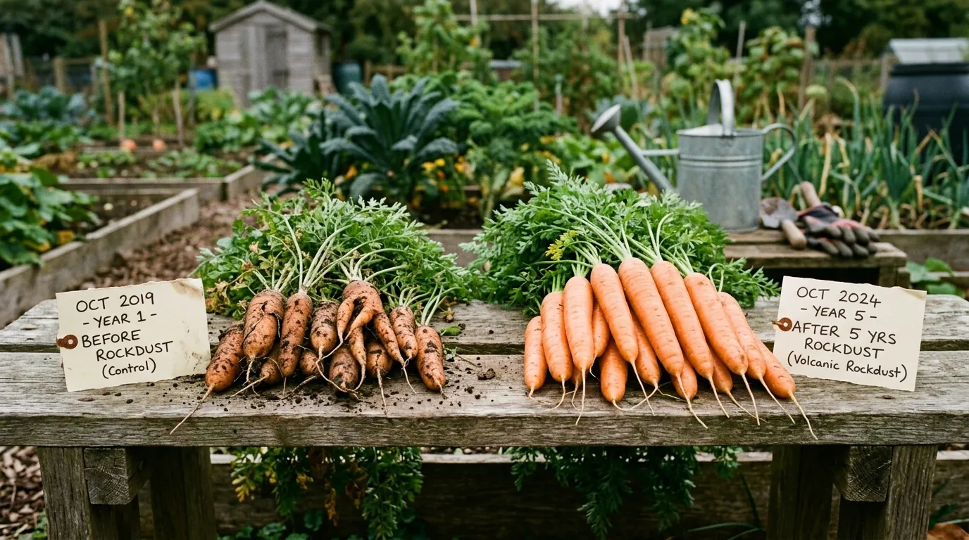 Two harvested groups of UK carrots side by side on a wooden allotment bench, the year one group cracked and forked, the year five group straight and smooth, with hand-written date labels