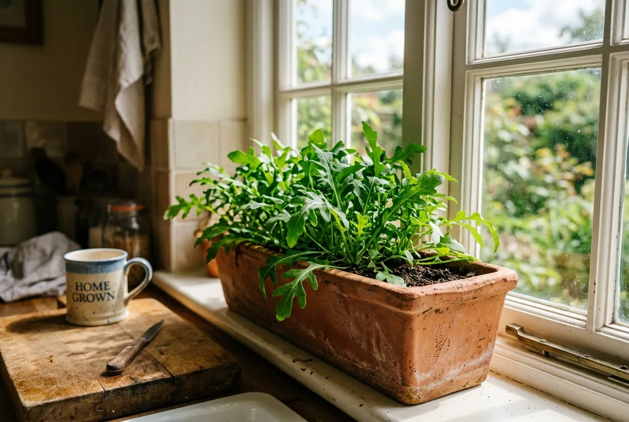 Rocket growing in a terracotta window box on a UK kitchen windowsill