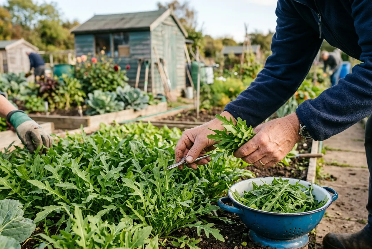 Gardener harvesting rocket using cut-and-come-again method at a UK allotment