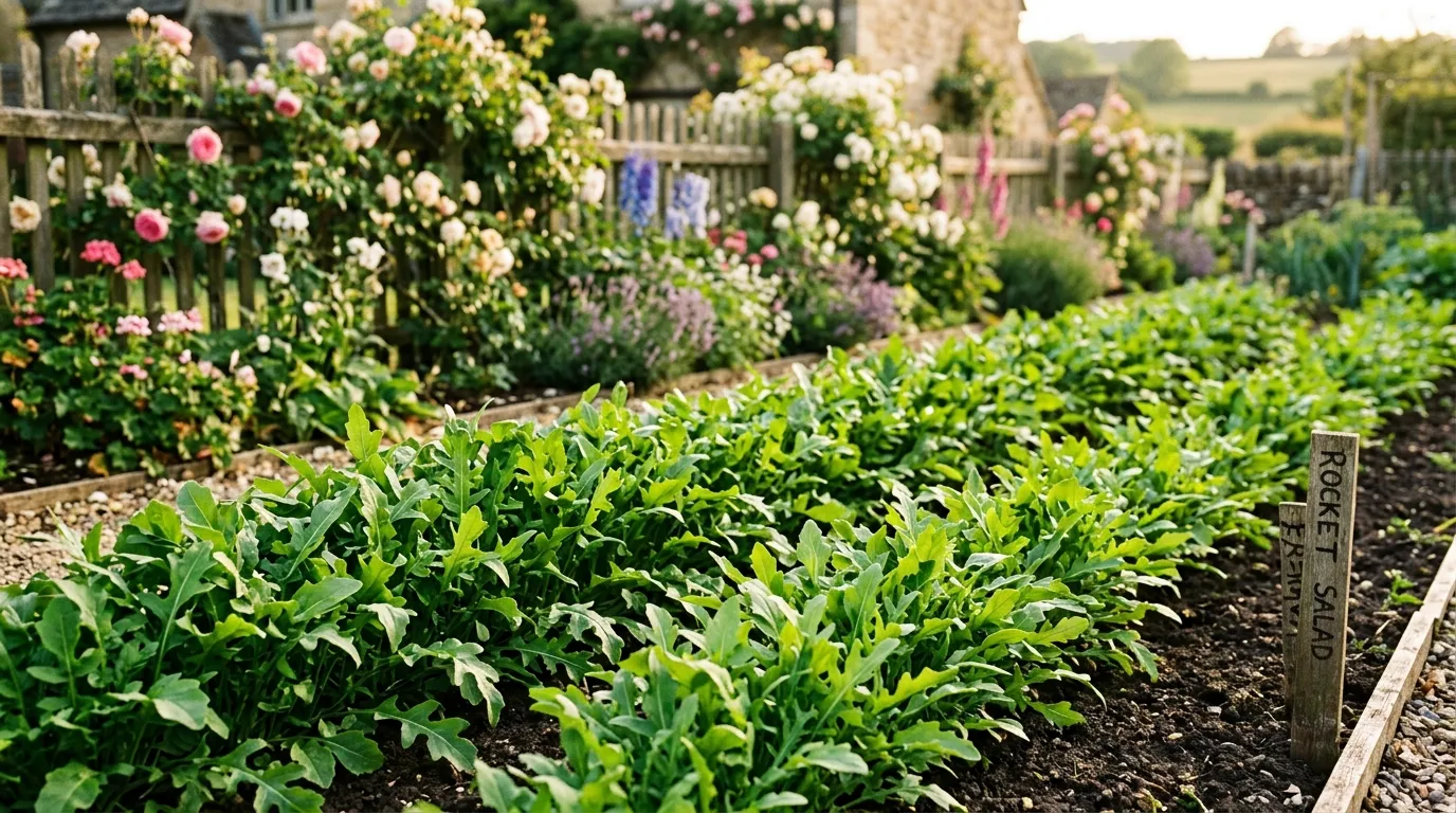 Rocket growing in neat rows in a sunny UK cottage garden vegetable patch