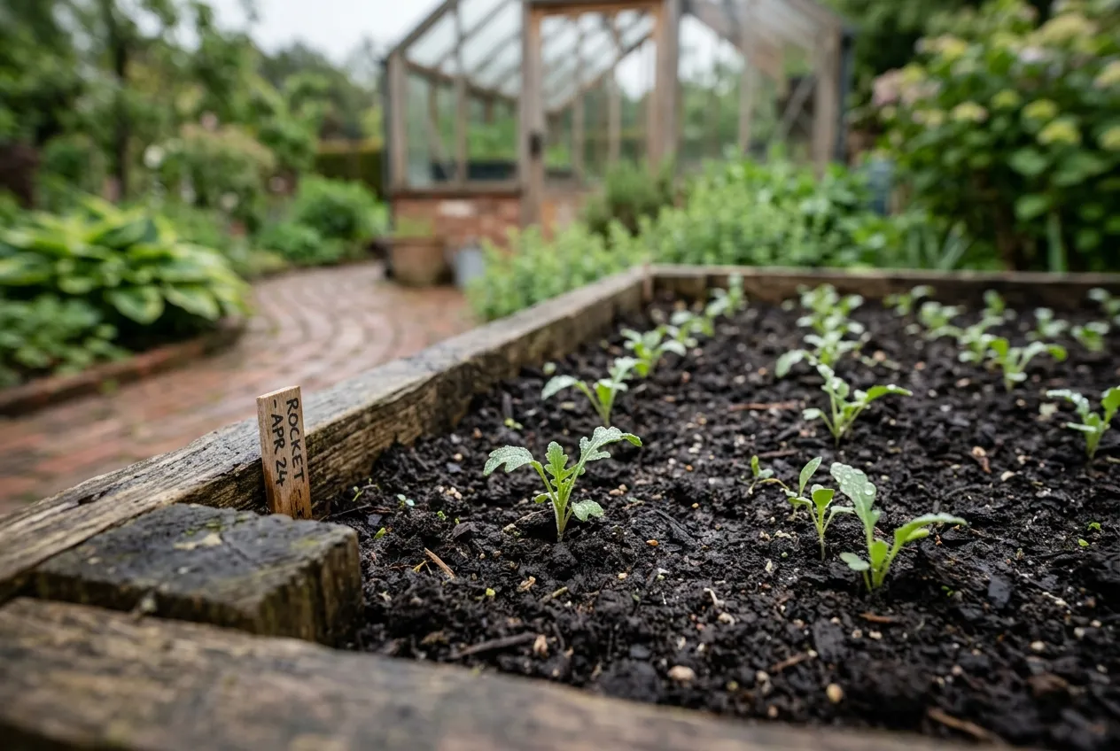 Rocket seedlings emerging in a raised bed with morning dew in a UK garden