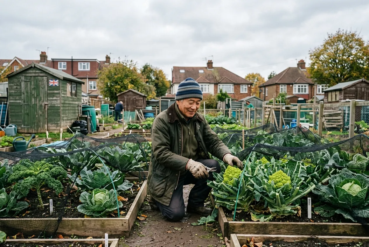 Man tending romanesco plants with netting at a UK allotment