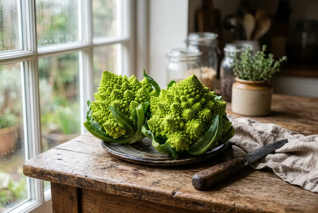 Freshly harvested romanesco broccoli heads on a rustic kitchen table