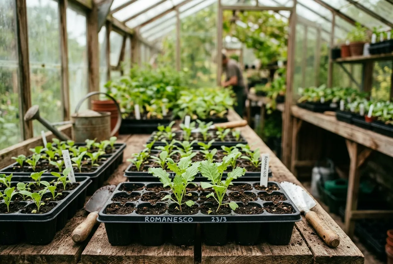 Romanesco seedlings growing in module trays on a greenhouse potting bench