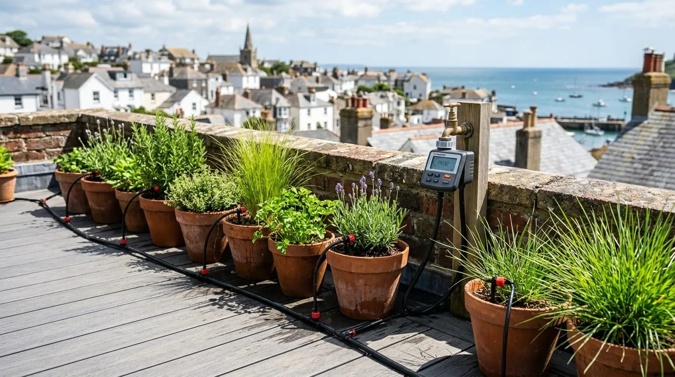 Drip irrigation tubing with adjustable drippers feeding rooftop pots of grasses and herbs, with a battery timer on a tap