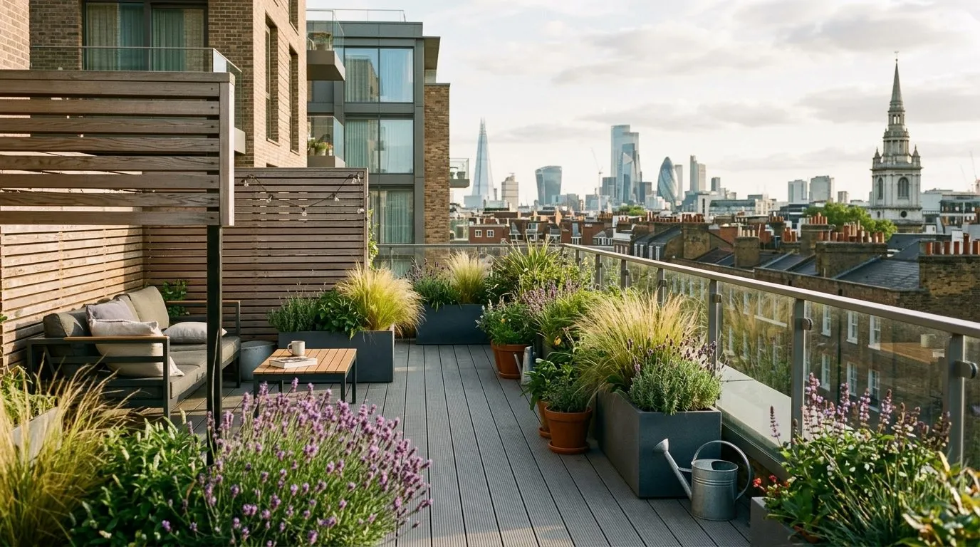 London flat-roof terrace garden with timber windbreak screen, grasses and lavender in lightweight planters, city skyline behind