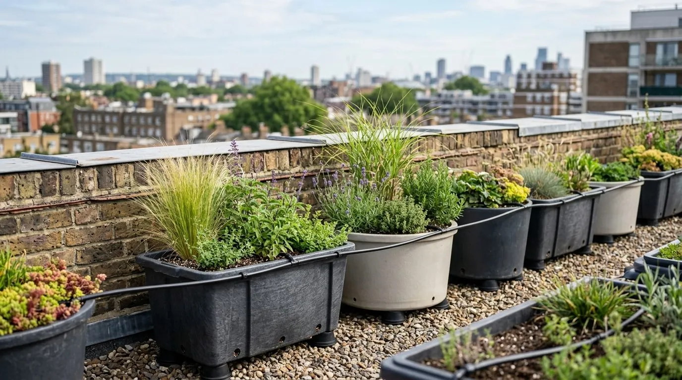 Lightweight fibreglass and plastic rooftop planters with drainage holes and drip tubing, sited along a brick parapet wall