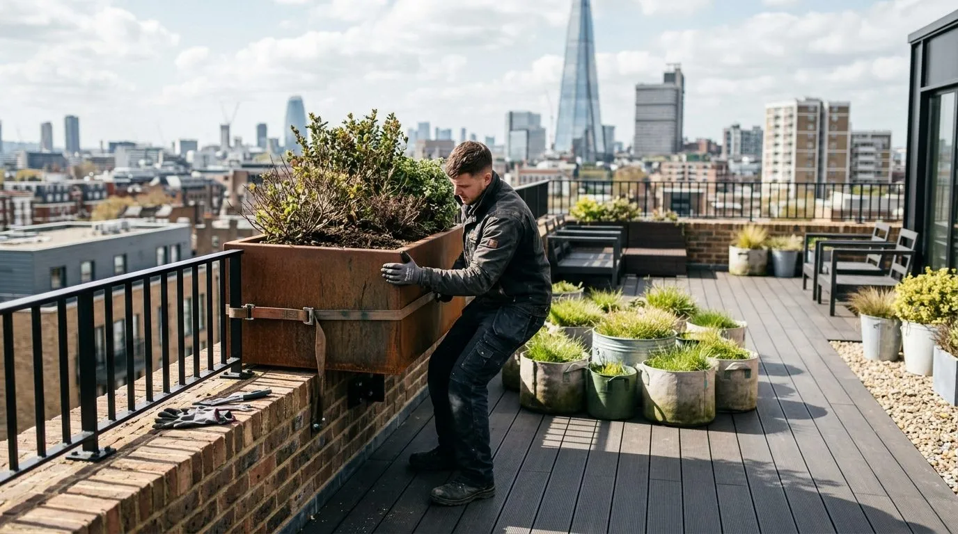 A heavy planter being placed over a load-bearing brick wall at a rooftop edge, with lighter pots across the centre of the deck