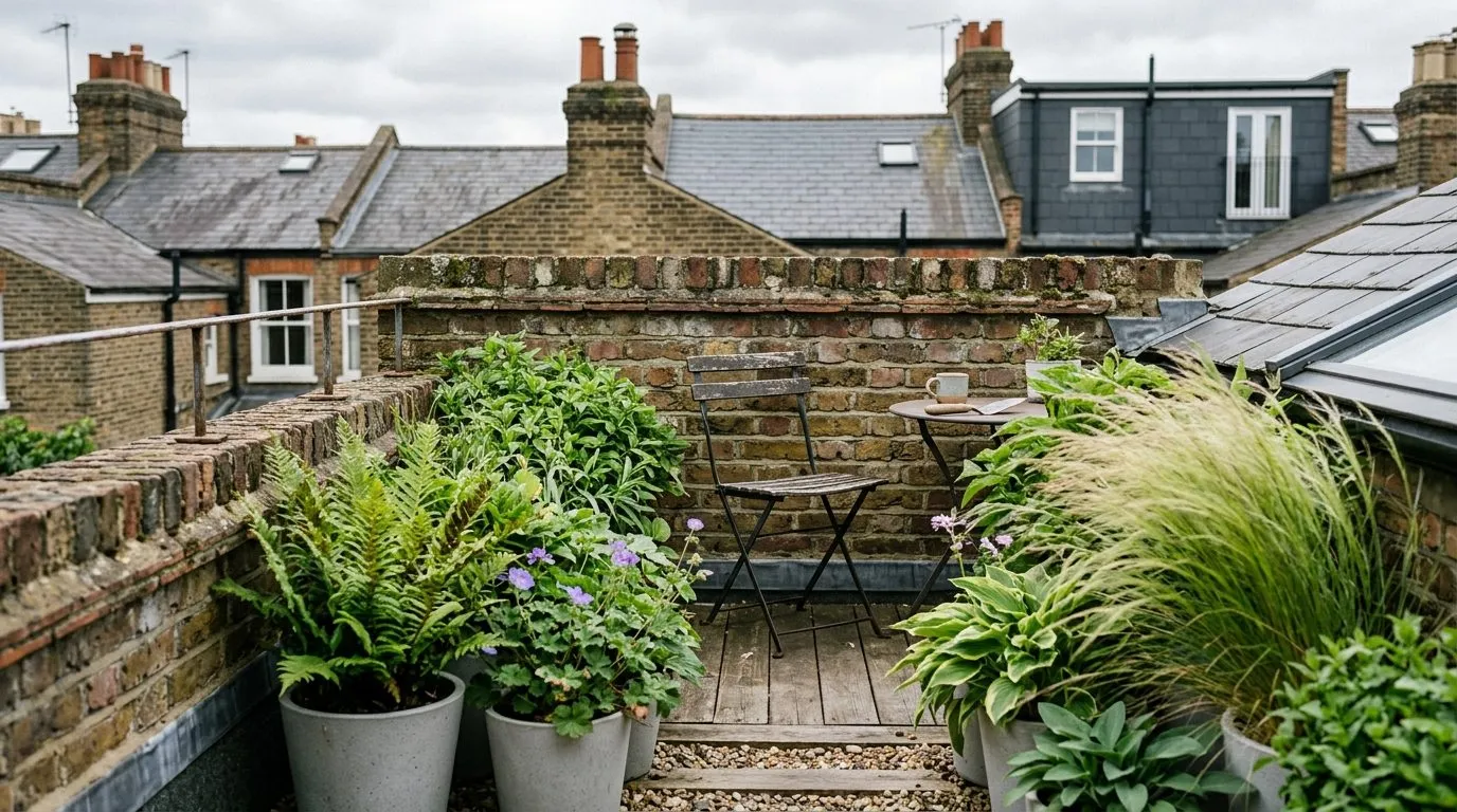 Victorian terrace rear-extension flat roof converted into a sheltered small garden with ferns, hardy geraniums and grasses in lightweight pots
