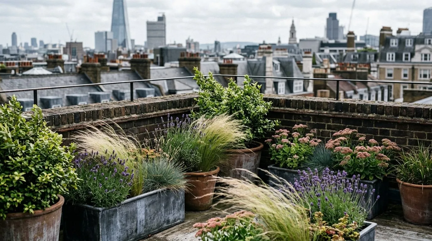 Wind-tough rooftop planting in containers with ornamental grasses, lavender, sedum and pittosporum moving in the breeze