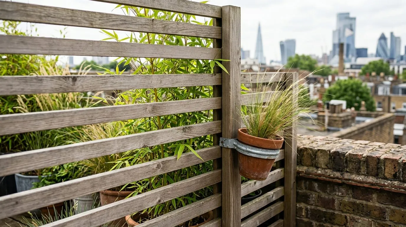 Slatted timber windbreak screen on a rooftop terrace with potted bamboo and grasses sheltered behind it