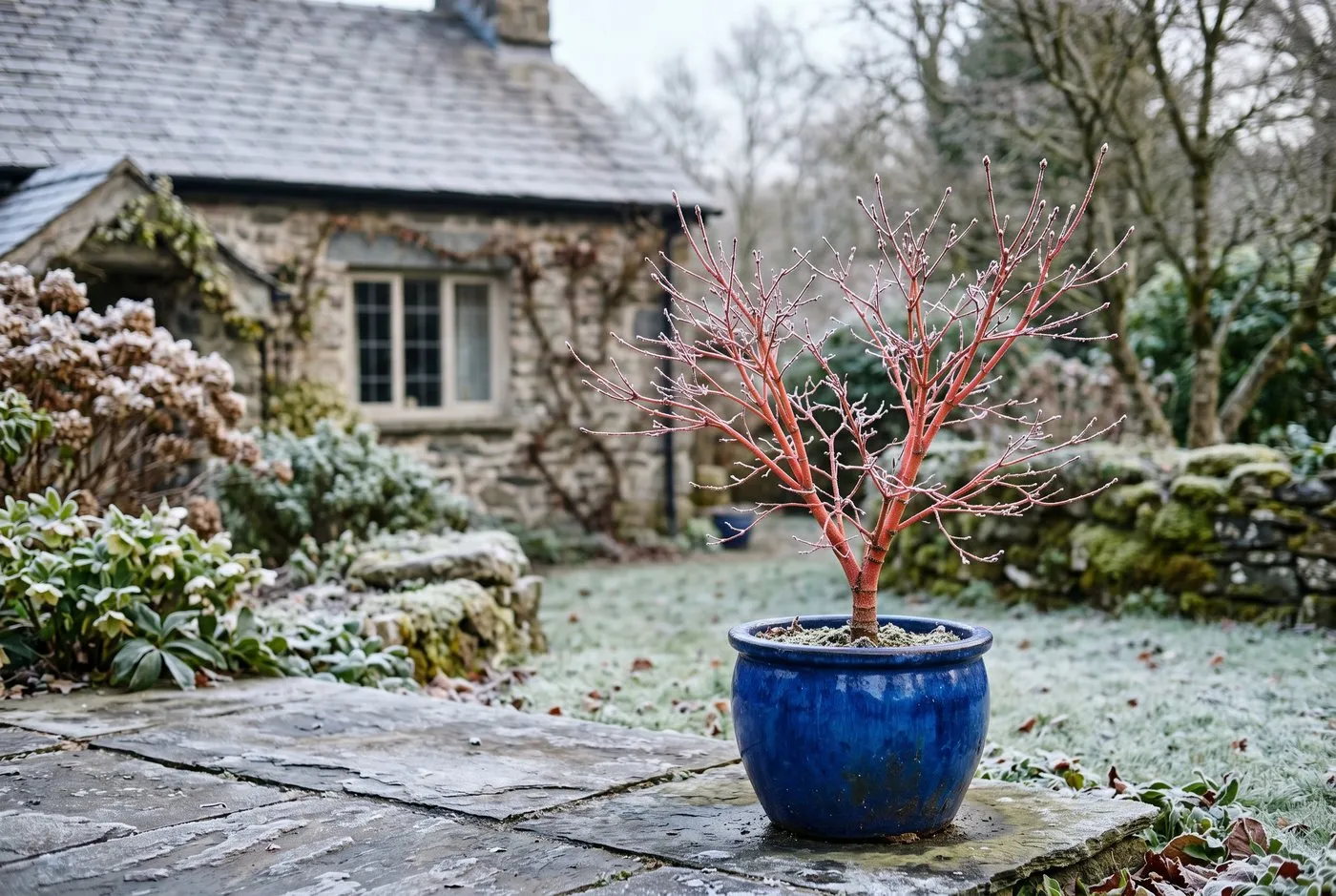 Acer in a glazed pot on a Welsh slate patio with a Staffordshire stone cottage behind in early spring