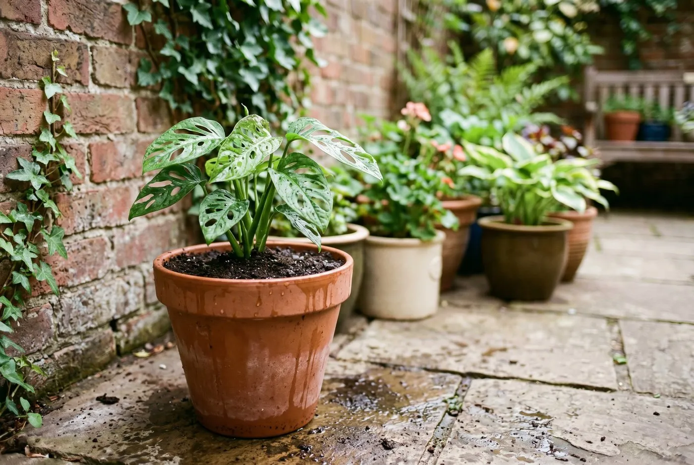 Freshly root pruned plant repotted and watered, sitting in a shaded sheltered corner of a UK patio