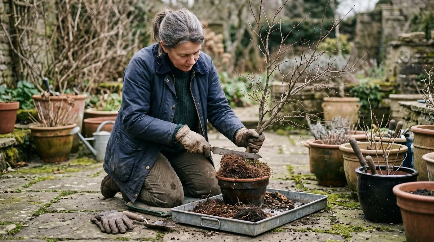 Gardener root pruning a pot-bound acer with a bread knife on a Staffordshire patio in spring
