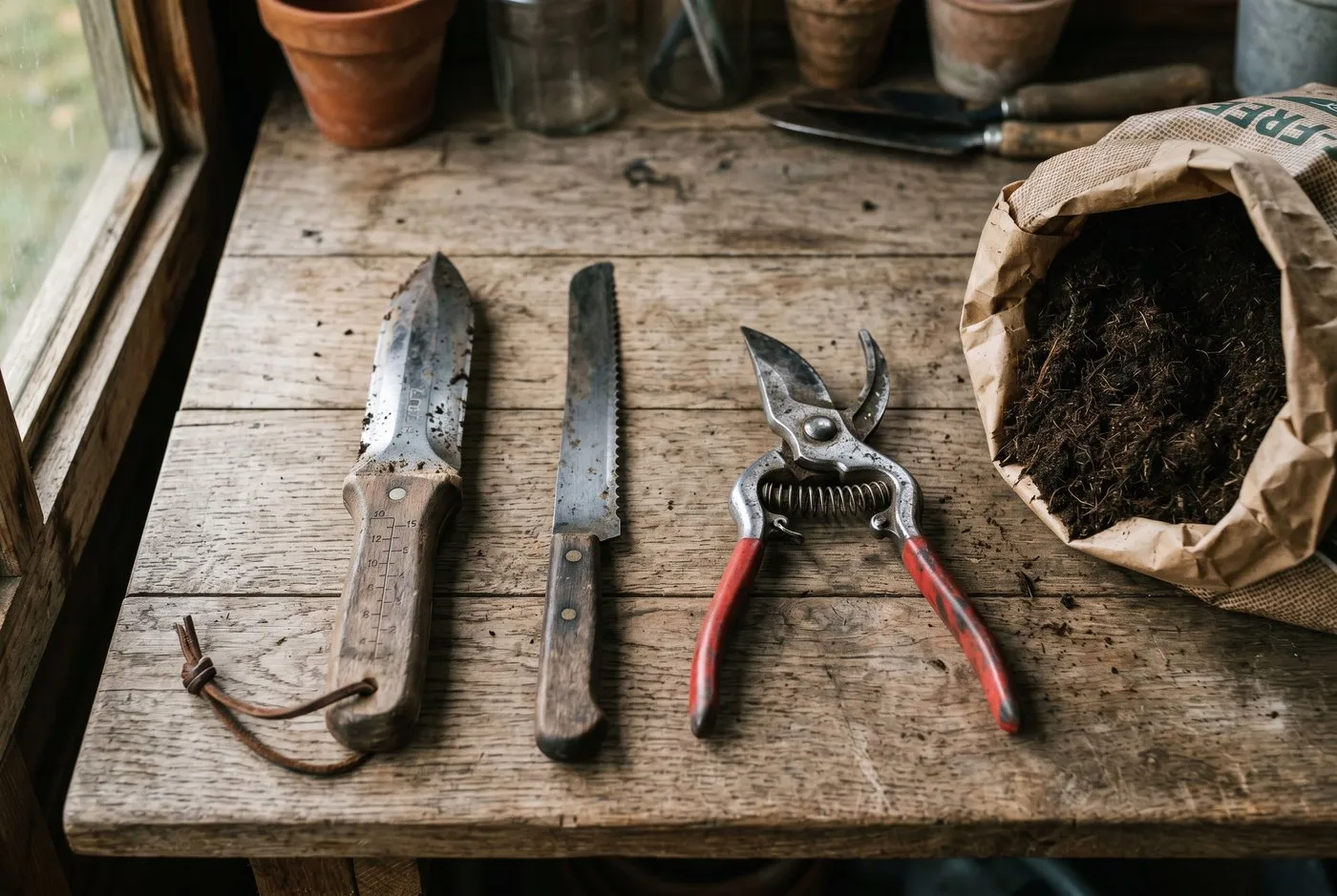 Hori-hori, old bread knife and secateurs laid out on a wooden potting bench ready for root pruning