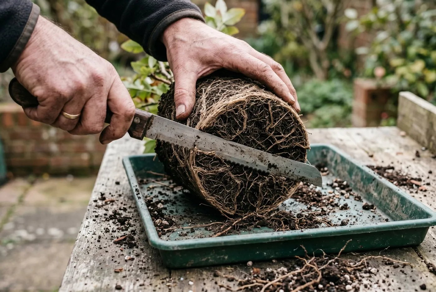 Close-up of a serrated bread knife slicing the base off a dense circling root ball over a potting tray