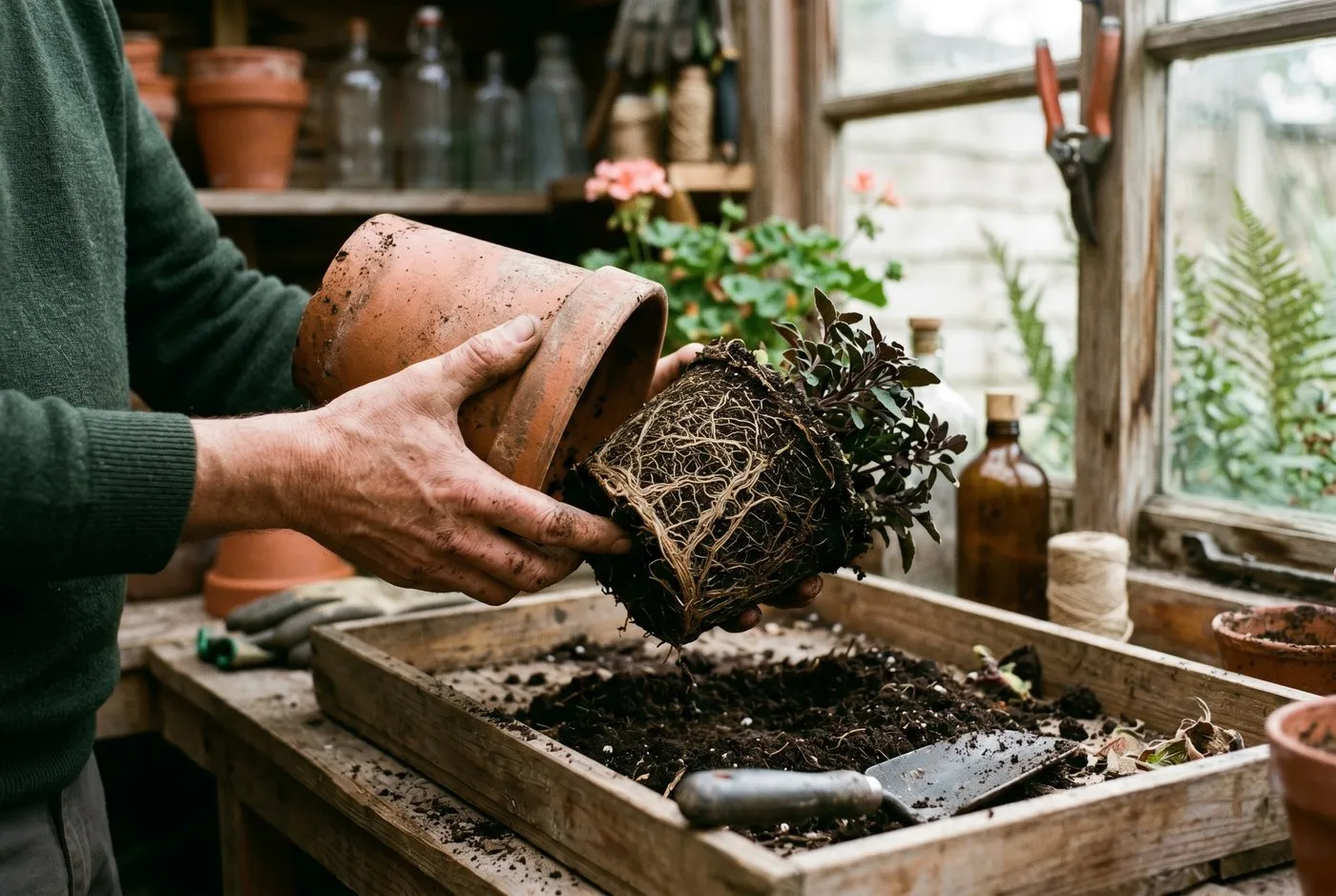 Hands tipping a pot-bound plant out of a terracotta pot onto a potting tray to inspect the roots