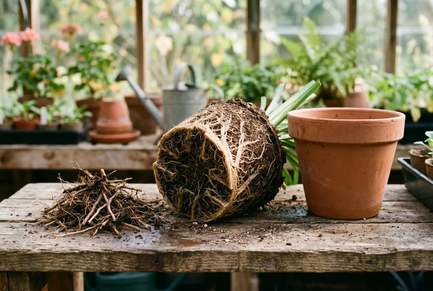 Trimmed root ball sitting beside fresh peat-free compost and slow-release fertiliser granules ready for repotting