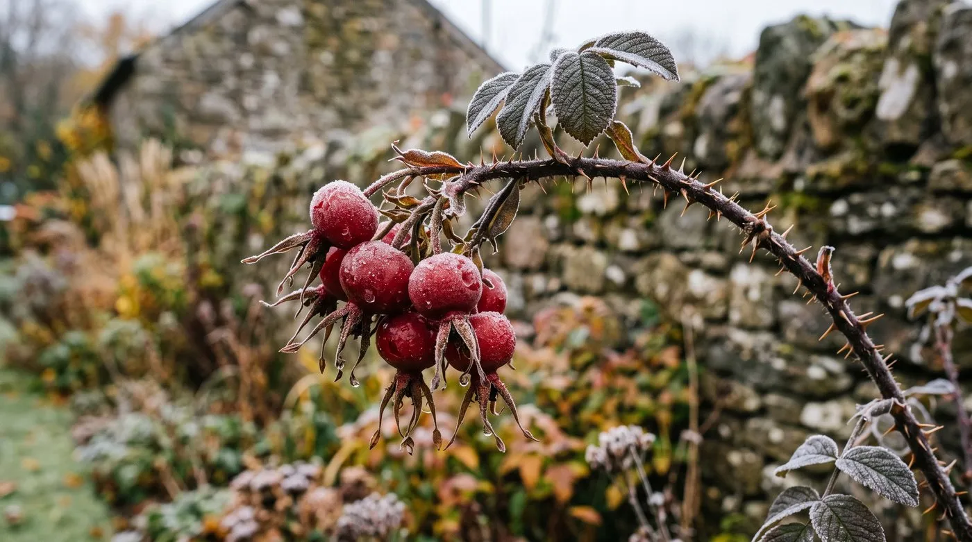Deep red Rosa rugosa rose hips ripe on the bush after an autumn frost in a UK garden