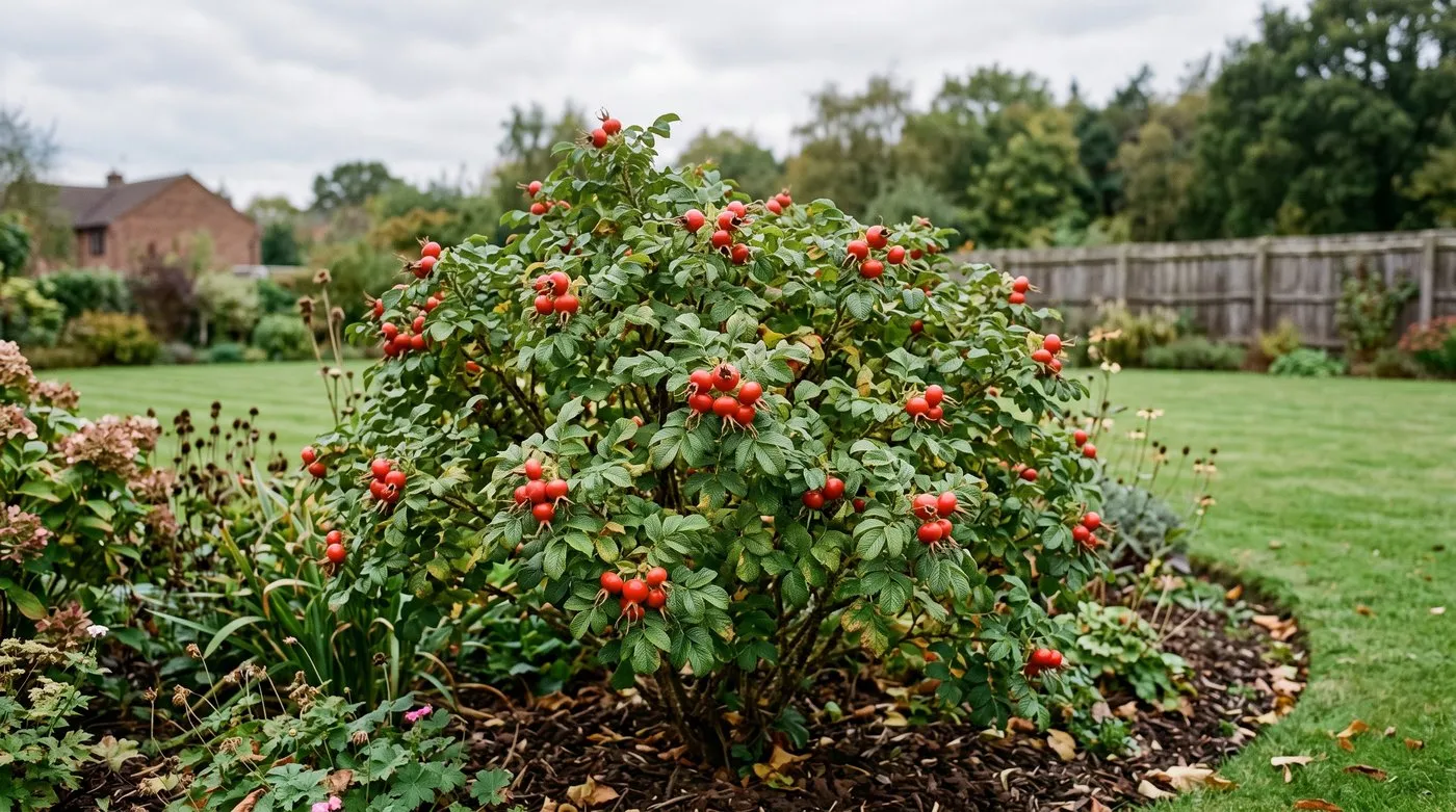 Deep red Rosa rugosa rose hips ripening on an arching thorny bush in a Staffordshire garden border