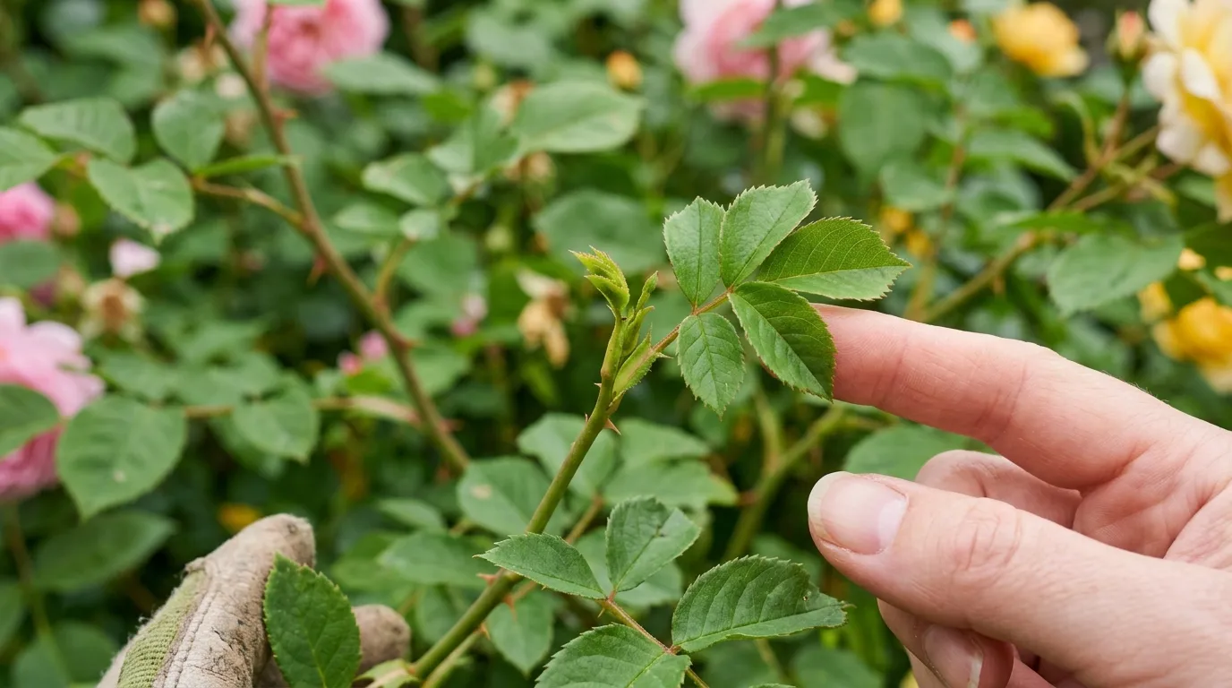 Close-up of a blind shoot on a rose, terminating in a fan of leaves with no flower bud