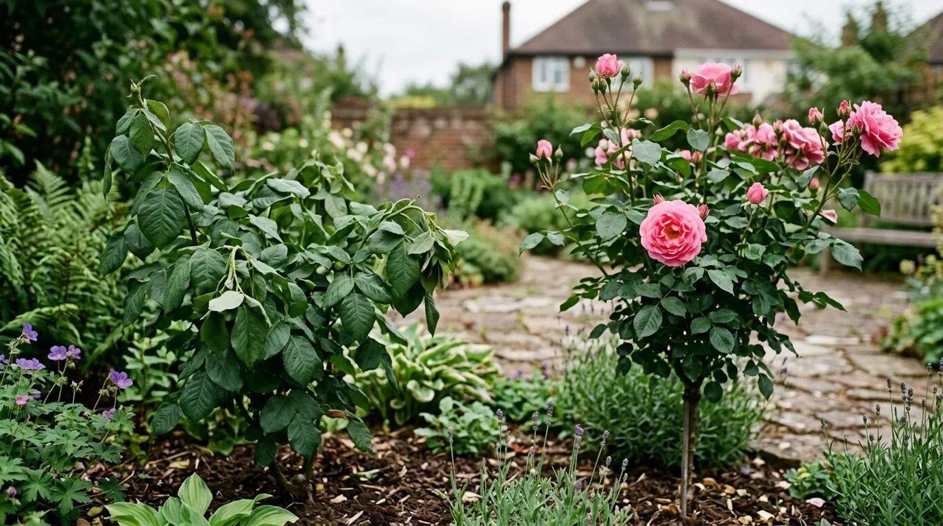 Side-by-side comparison of a rose bush with lush nitrogen-driven leafy growth and no buds, and another flowering well after feed correction