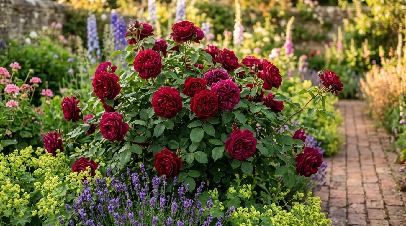 Healthy English shrub rose Munstead Wood in full crimson flower in a UK cottage garden, proof of what a rose not flowering should look like once the cause is fixed