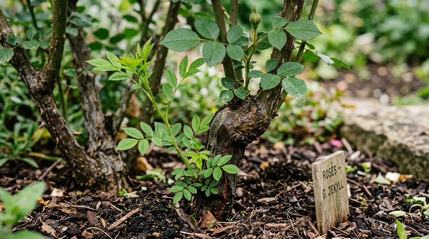 Close-up of a rootstock sucker with paler seven-leaflet leaves emerging from below the graft union of a grafted rose