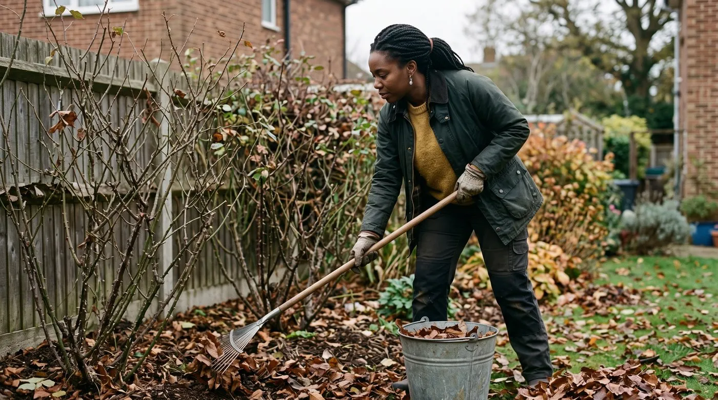 A gardener raking fallen rose leaves off a border in autumn into a bucket, bare rose stems behind