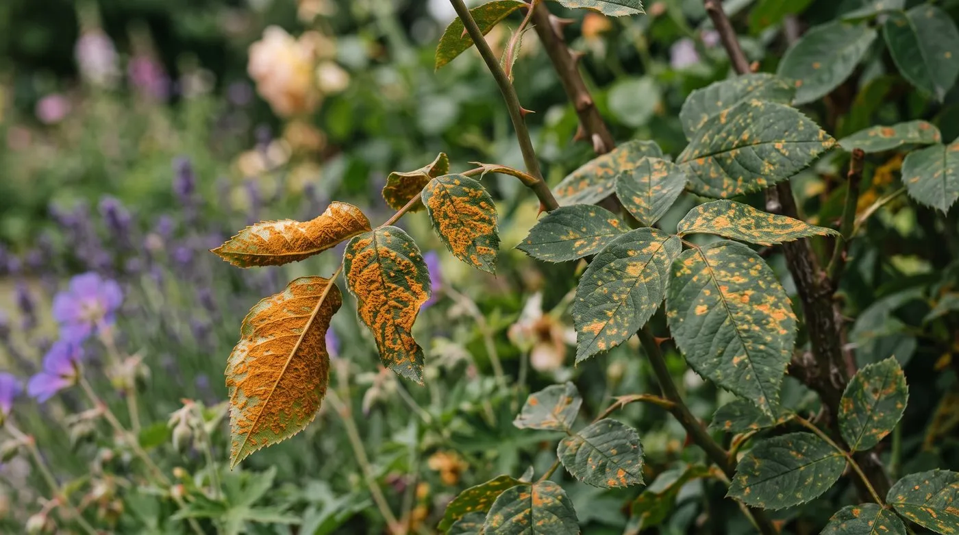 Rose leaves showing bright orange rust pustules on the undersides in a UK garden border