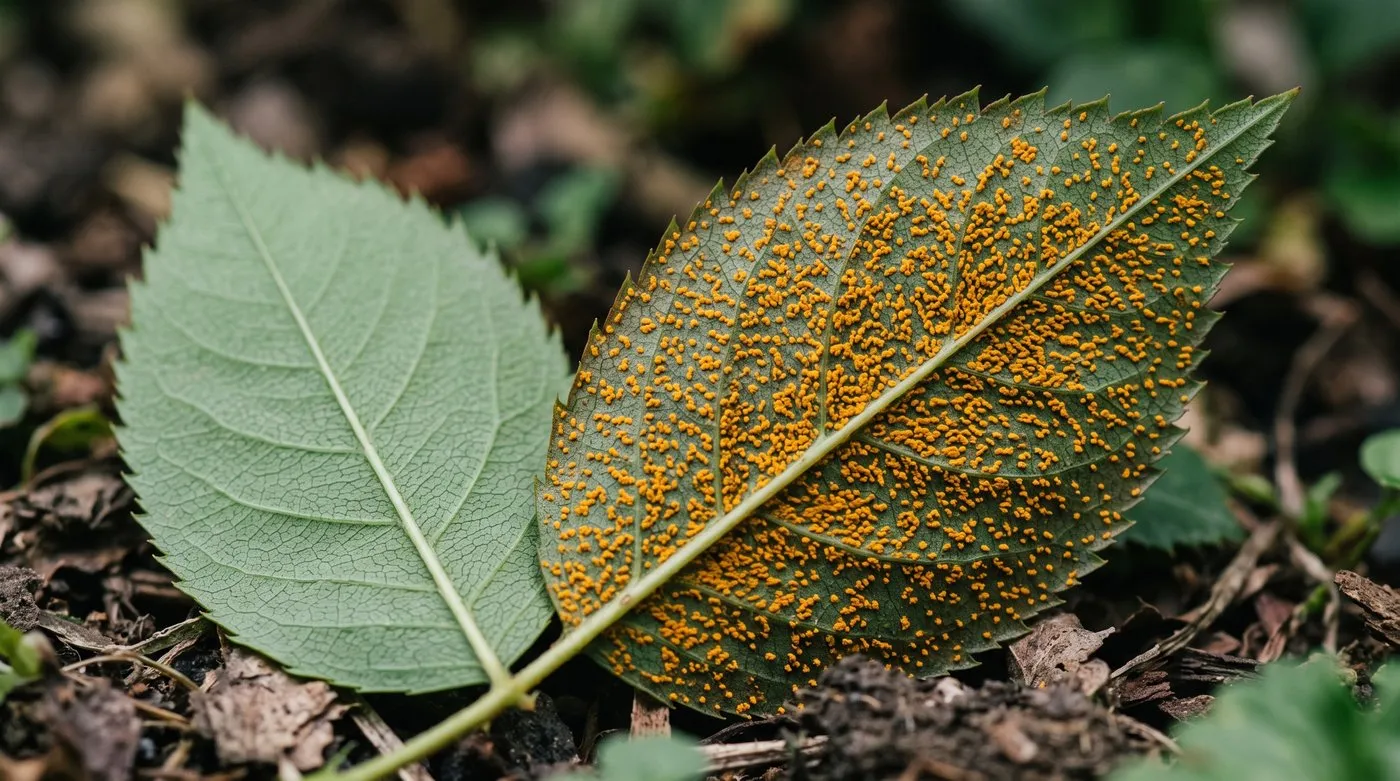 Close comparison of a rose leaf underside covered in bright orange rust pustules beside a clean green leaf