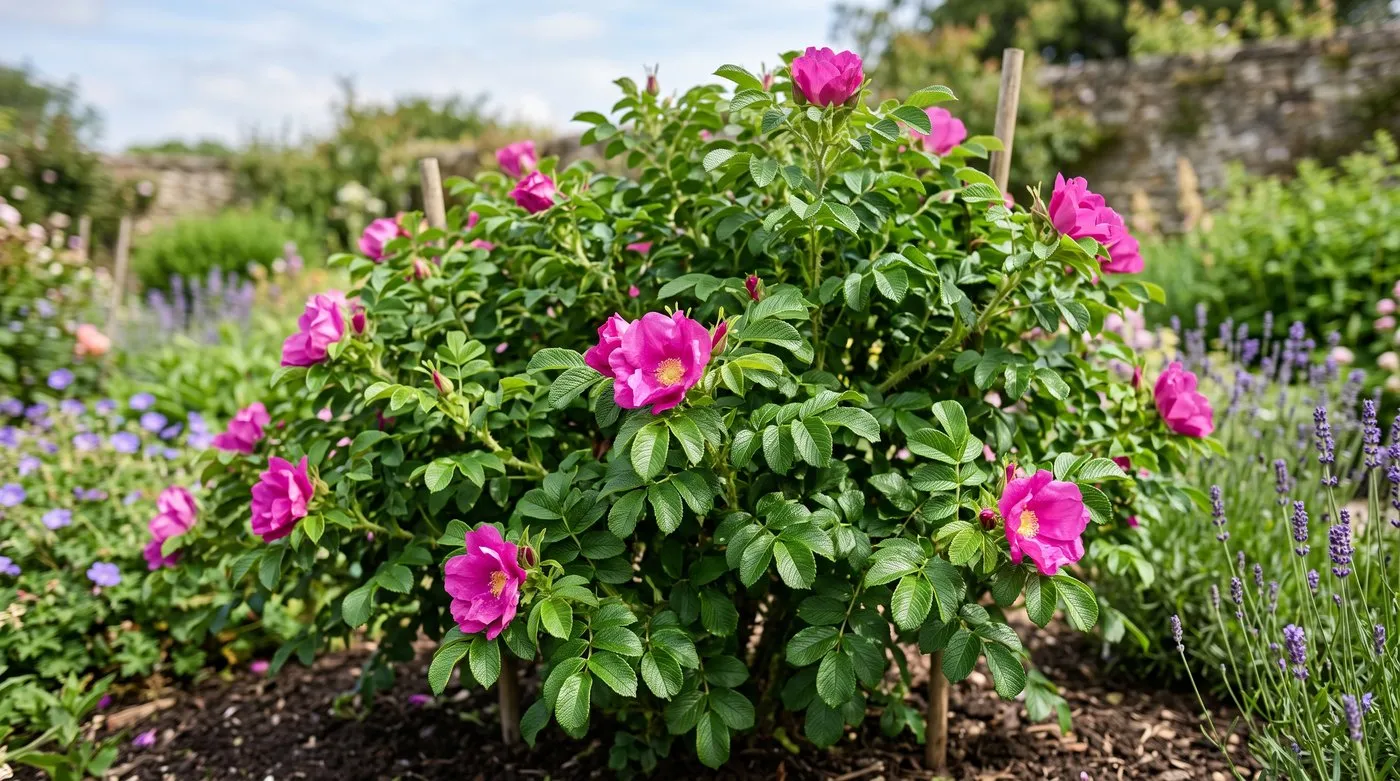 Healthy dark green Rugosa rose foliage with clean unmarked leaves in an open sunny UK border