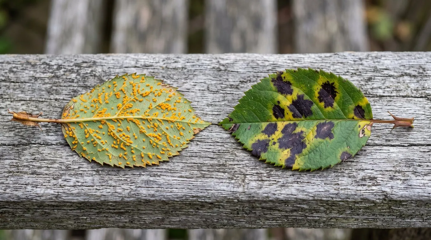 Side by side rose leaves, one with orange rust pustules underneath and one with flat black spot blotches on top