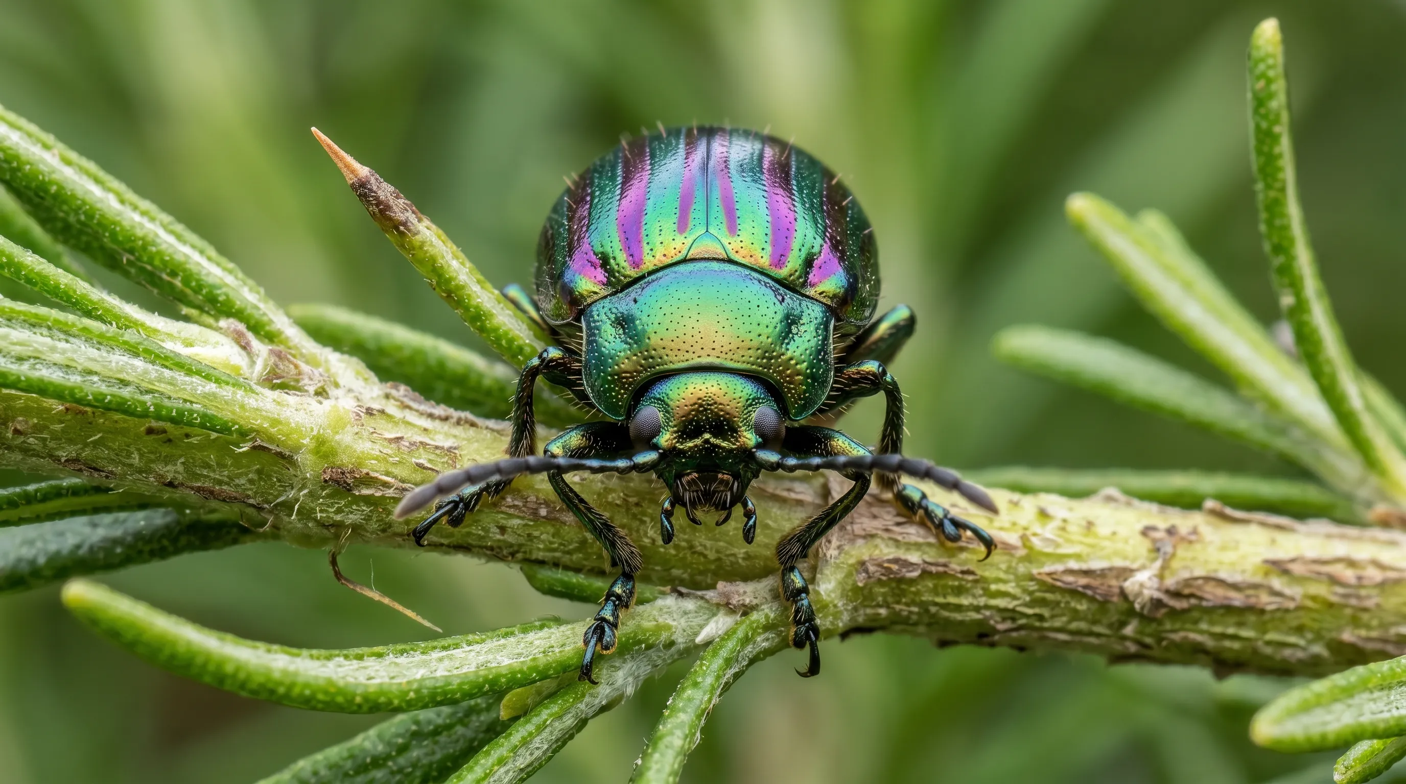 Close-up macro photograph of an adult rosemary leaf beetle on a rosemary stem showing the metallic green back with vertical purple stripes