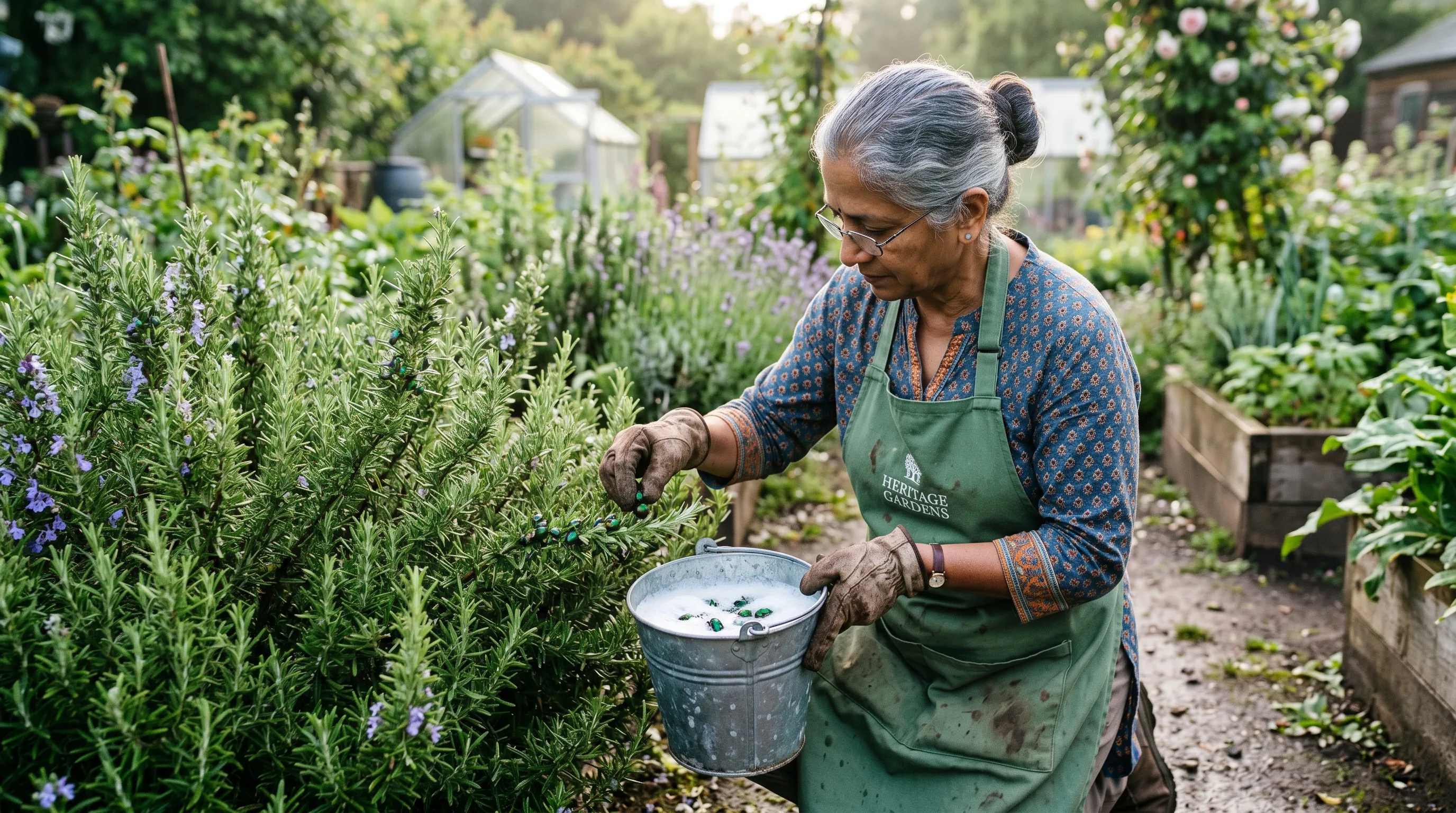 A UK gardener wearing gardening gloves holding a metal bucket of soapy water under a rosemary plant in early morning while picking rosemary leaf beetles by hand